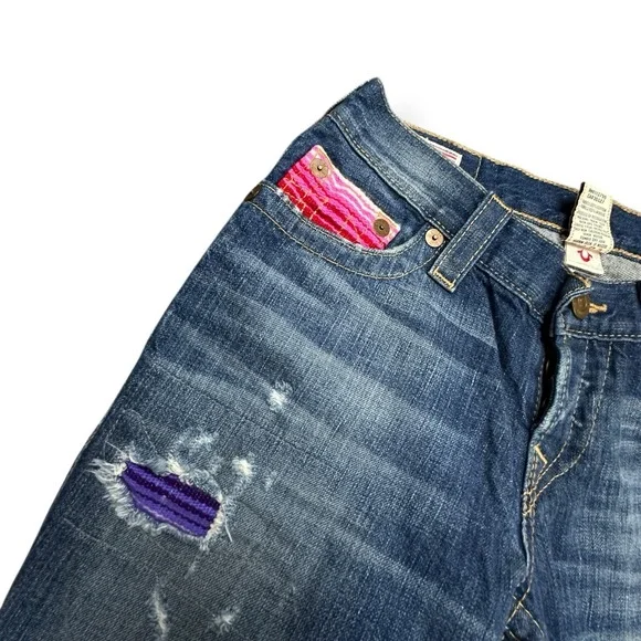 VTG True Religion Size 25 Brianna Baja Boyfriend Button-Fly Serape Patched Jeans